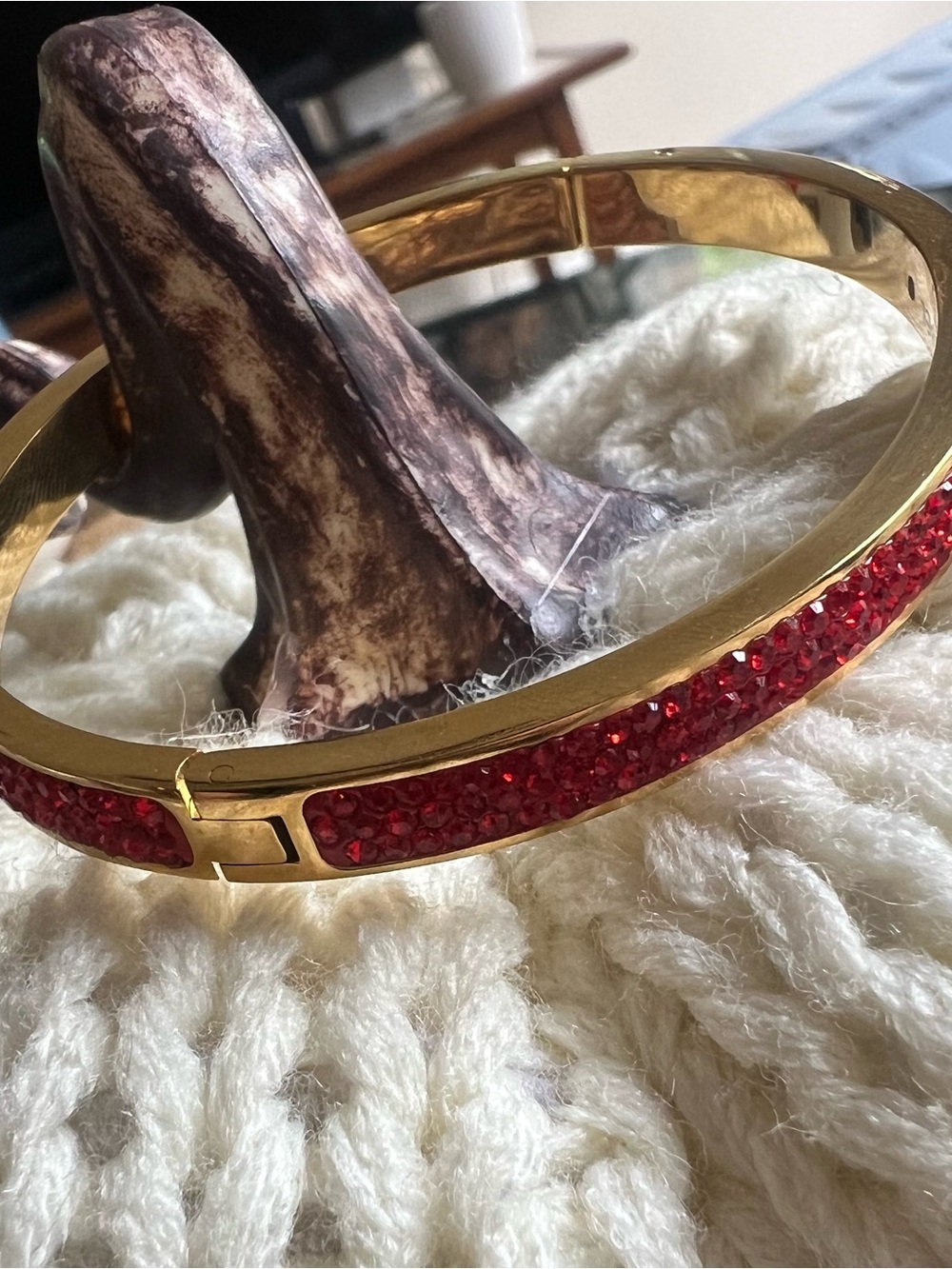 Henri Bendel Gold-Tone Bangle Bracelet with Red Crystal Inlay